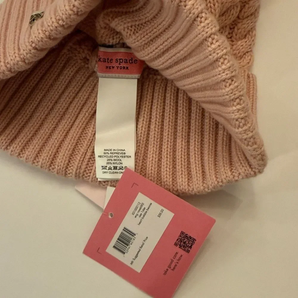 NWT KATE SPADE knit Pom Pom English Rose pink heart beanie winter hat cable os - Picture 4 of 6